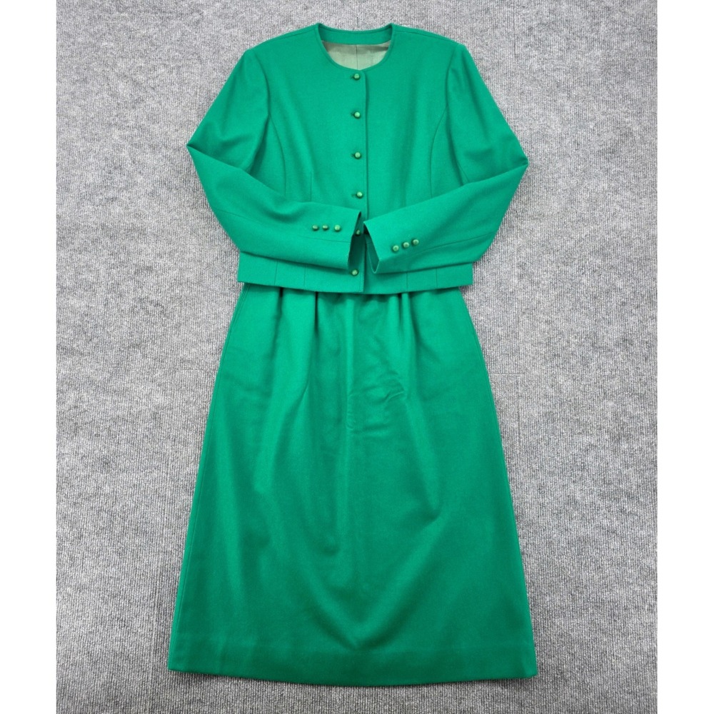 Vintage Pendleton Emerald Green Skirt Suit Cropped Jacket Midi Skirt Set